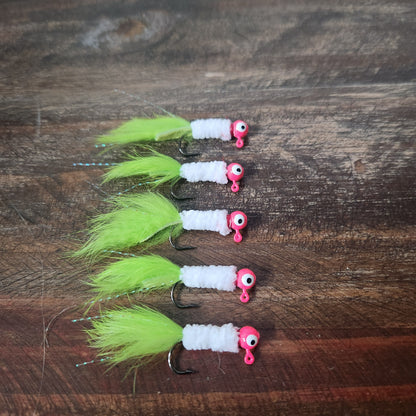"Melon Head" 5 pack of Crappie Jigs 1/16 and 1/8 ounces