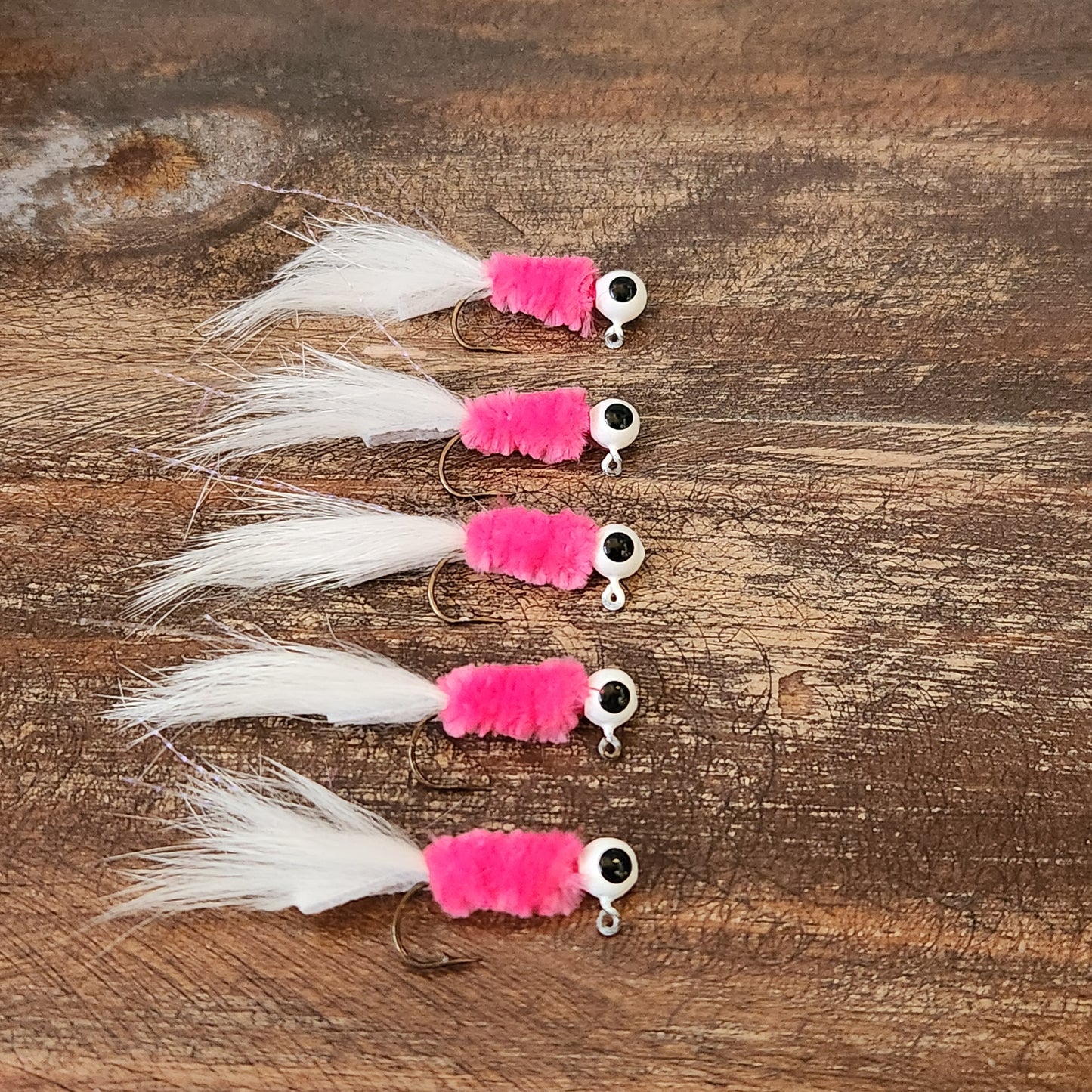 Crappie Jigs, Pink and White, 1/8 ounce, 5 pack for serious fishing.