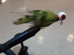 Olive/black barred jig $7.95 for two jigs. 1/4 ounce each. Great twitching Jig!