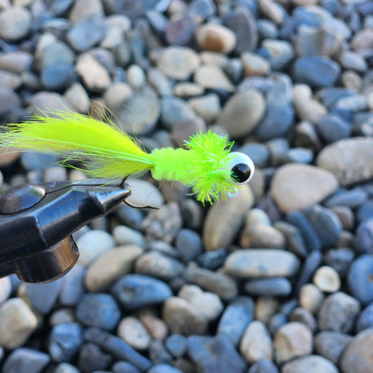 5 pack 1/8 ounce Crappie Jig, Hand tied, Chartreuse.